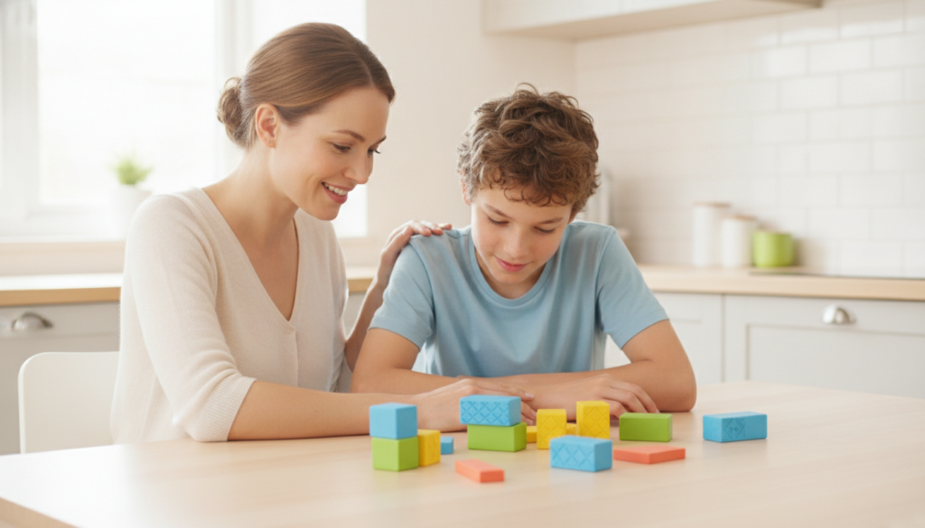 A mother sits beside her 12-year-old son at a bright kitchen table, her hand on his shoulder, both looking at colorful learning blocks