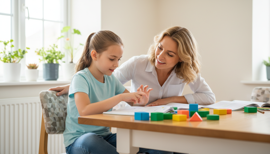 A mother sitting beside her daughter at a bright kitchen table, the girl counting on her fingers while working through math with colorful counting blocks