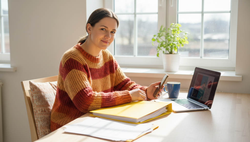 Parent at a sunny kitchen table sorting a folder of school papers beside a laptop