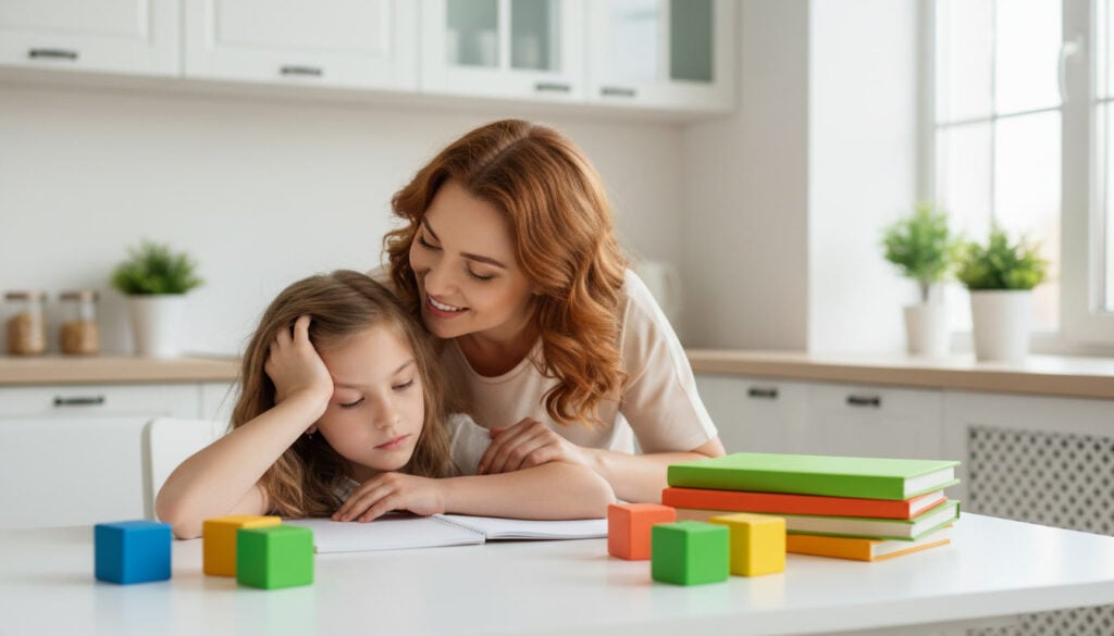 A tired 12-year-old girl resting her head on her hand at the kitchen table in the late afternoon while her mother leans in beside her with a reassuring smile.