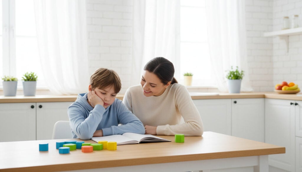 A parent sits close to a tired twelve-year-old at the kitchen table in the evening, leaning in with encouragement over homework
