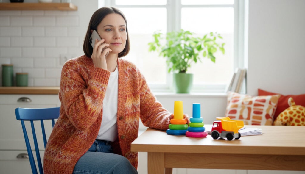 Parent at a sunny kitchen table on the phone, toddler toys nearby, looking calm and determined
