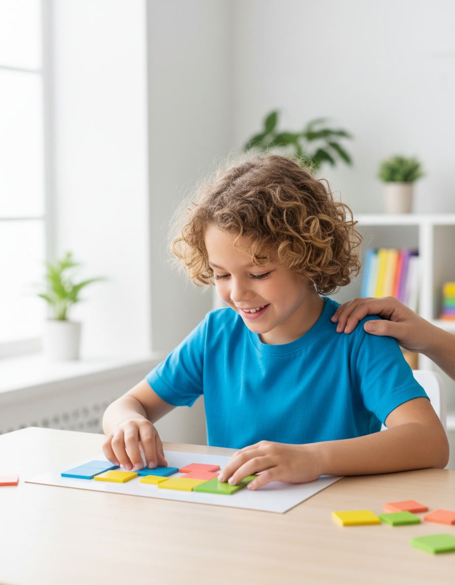 A cheerful child working through a small challenge at a light airy desk with a parents encouraging hand on their shoulder, a moment of understanding dawning.