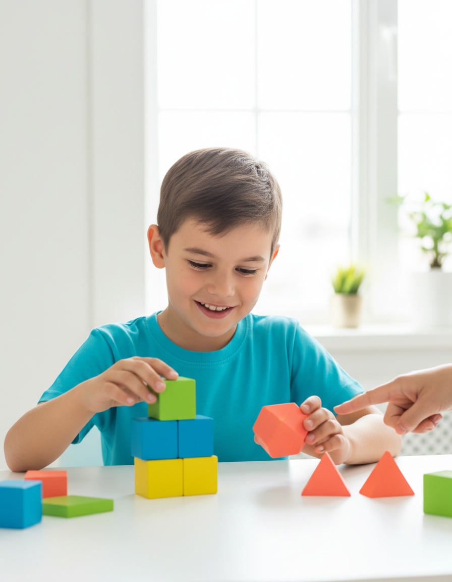 A cheerful boy at a bright desk exploring colorful counting blocks and shapes with his hands while a parent points to help