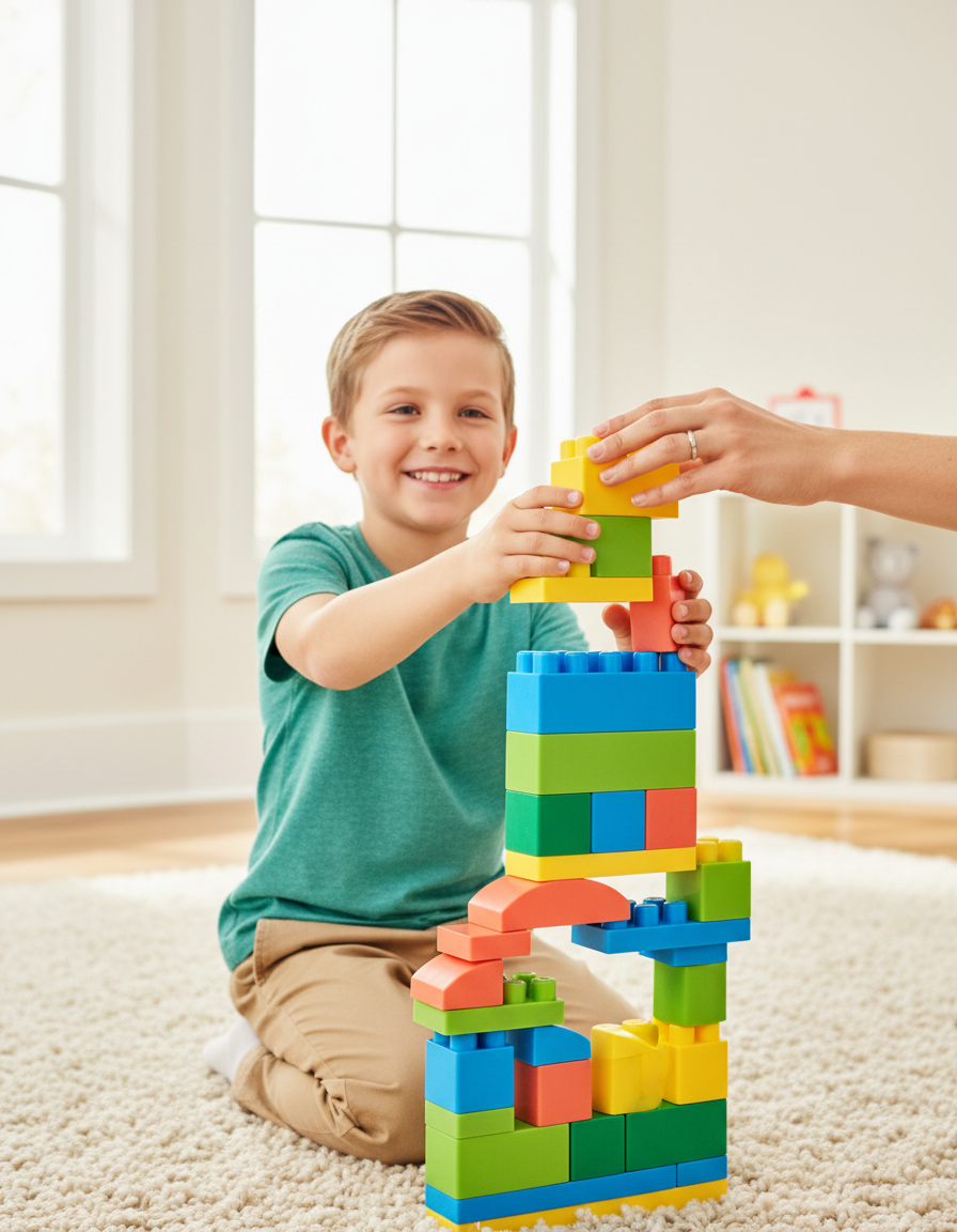 A cheerful twelve-year-old stacking colorful learning blocks into a tall tower while a parent hand reaches in to help