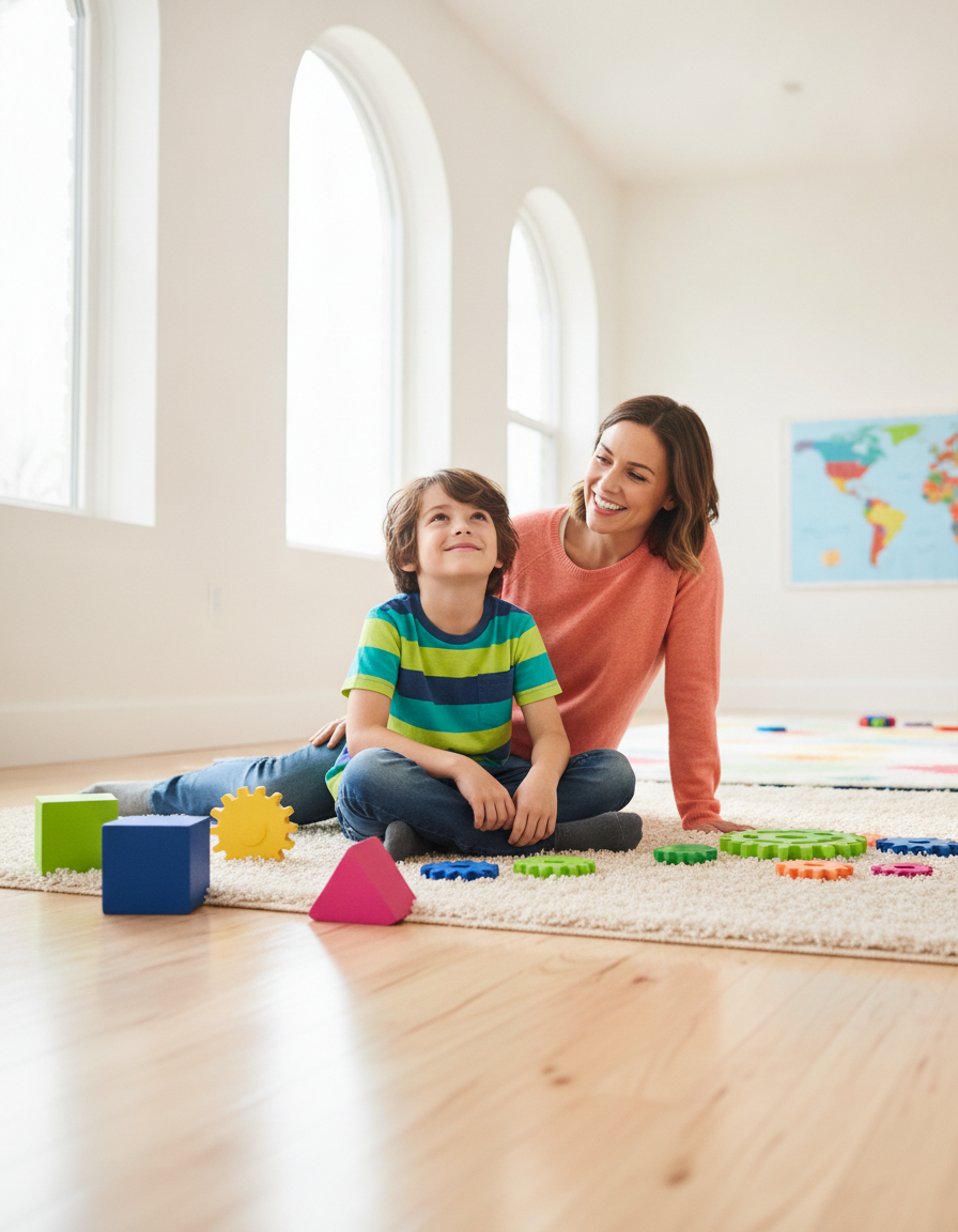 A child looking up with a proud smile beside a warm, encouraging parent as a hard task finally clicks into place