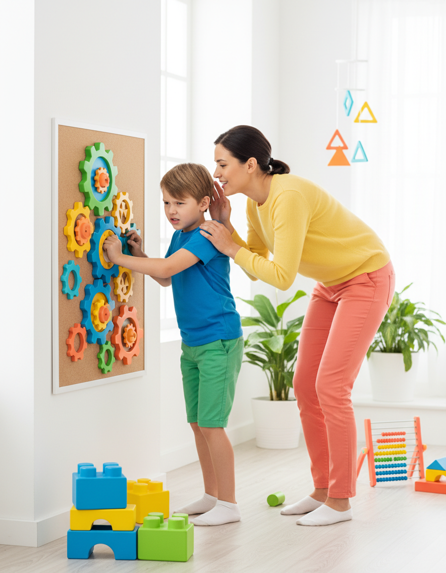 A parent leaning in to encourage a twelve-year-old working through a colorful gears puzzle