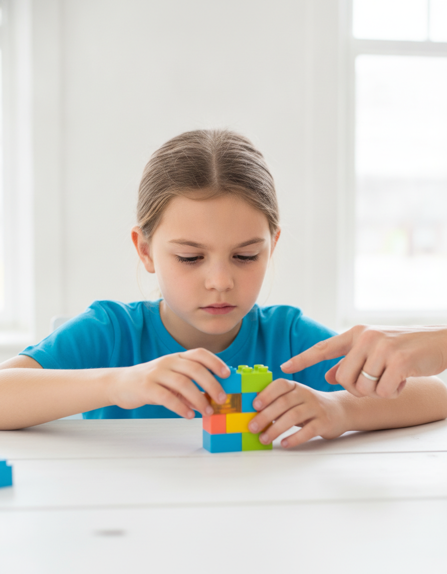A calm, focused 12-year-old child works on a hands-on activity while a parent gently helps in a bright airy room