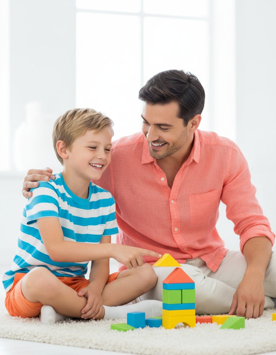 A child sharing a proud moment with a parent, both smiling