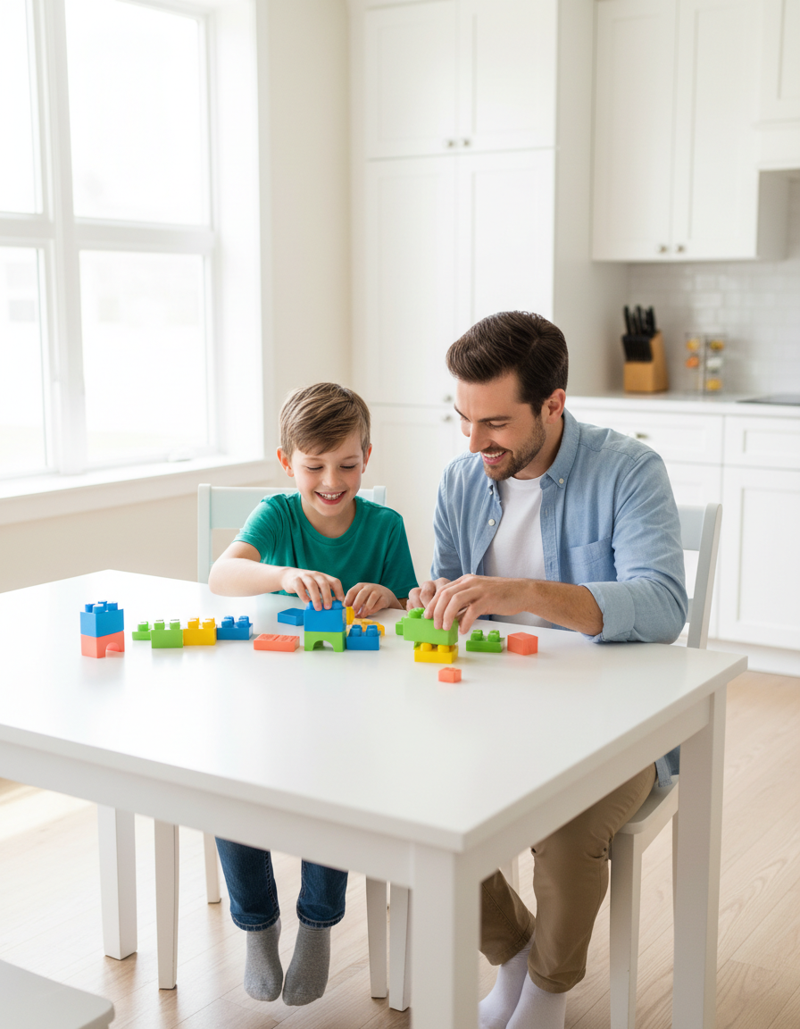 A smiling child and parent doing a short hands-on learning activity together with colorful blocks at a bright kitchen table