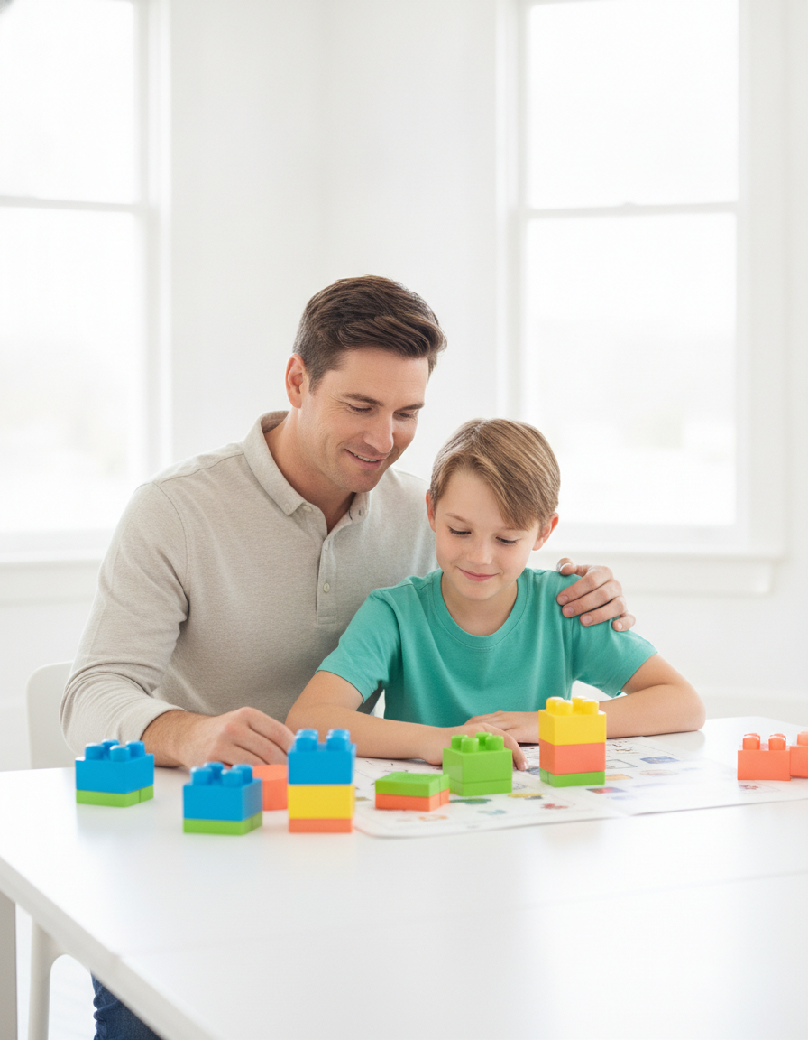 A warm, calm parent sitting beside their child during a short, encouraging learning activity at a bright table