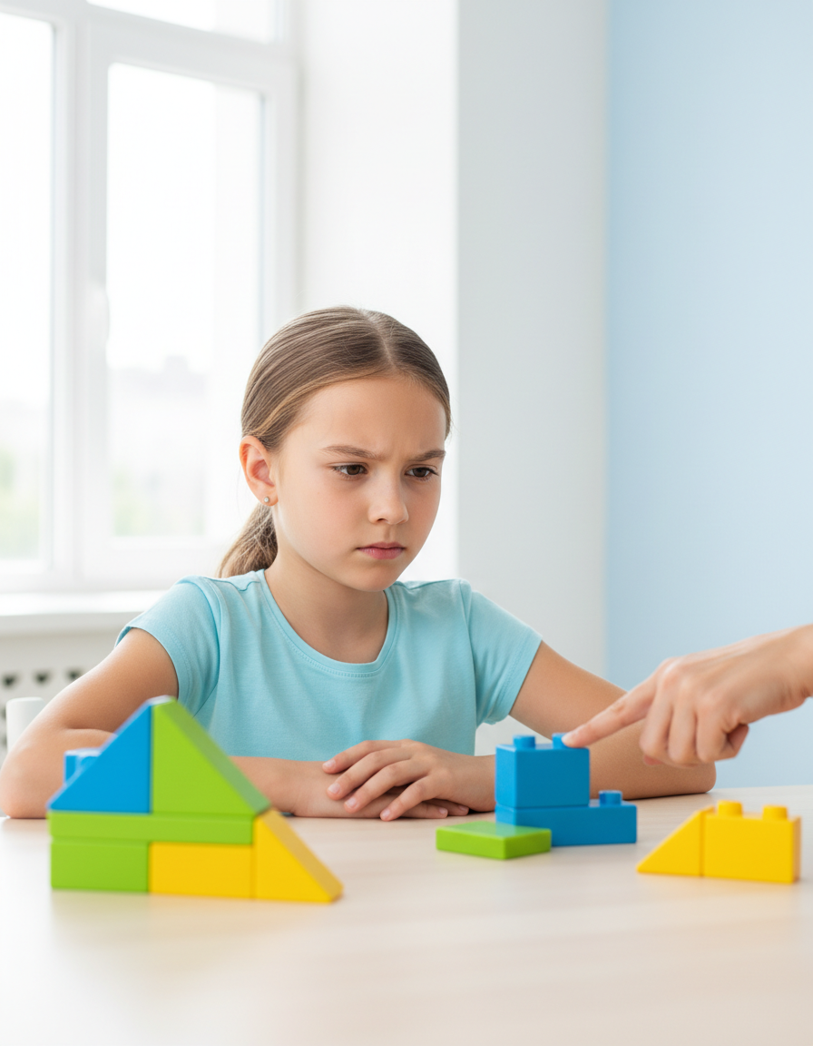 A focused 12-year-old girl working with colorful learning blocks while a parent points alongside her