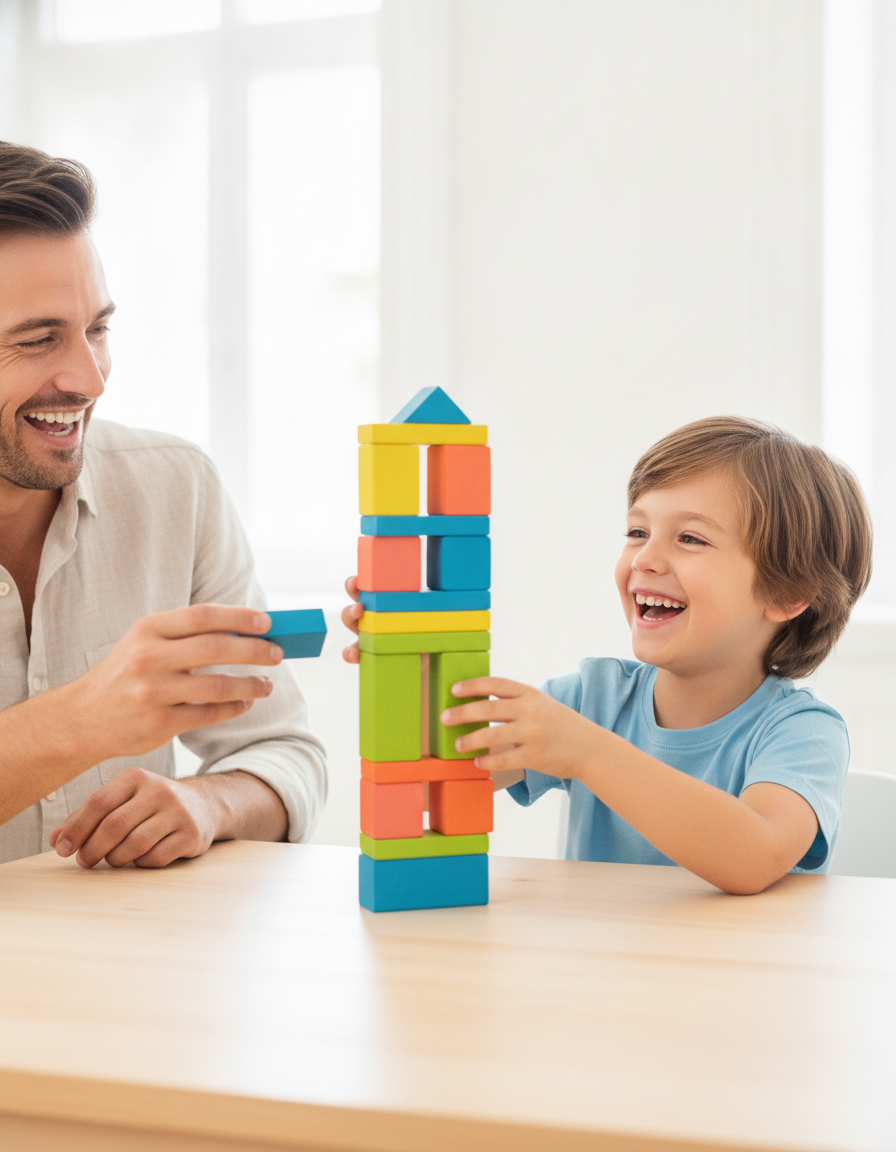 A parent and child laughing while building a tower of colorful blocks together