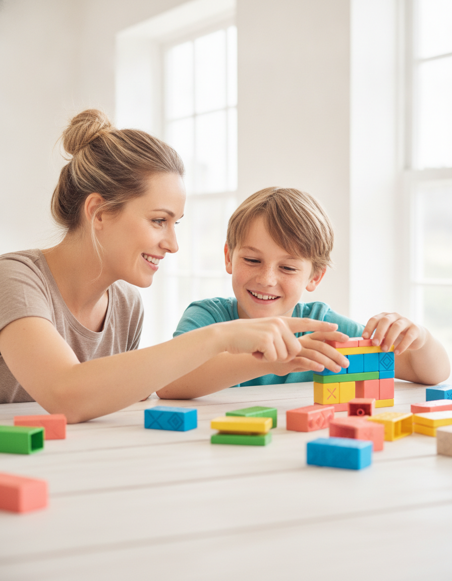 A parent and their school-age child building together with colorful blocks at a bright table