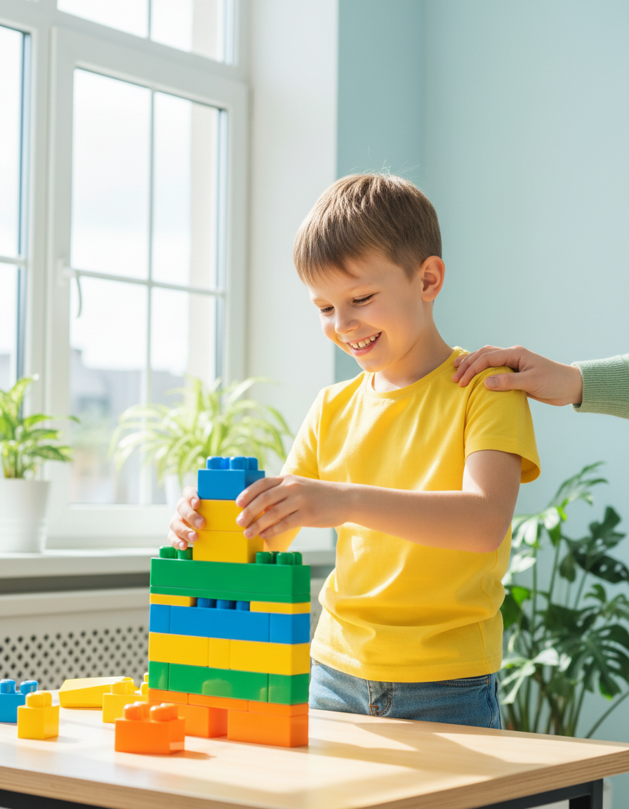 A happy, confident boy stacking bright building blocks while a parent rests an encouraging hand on his shoulder