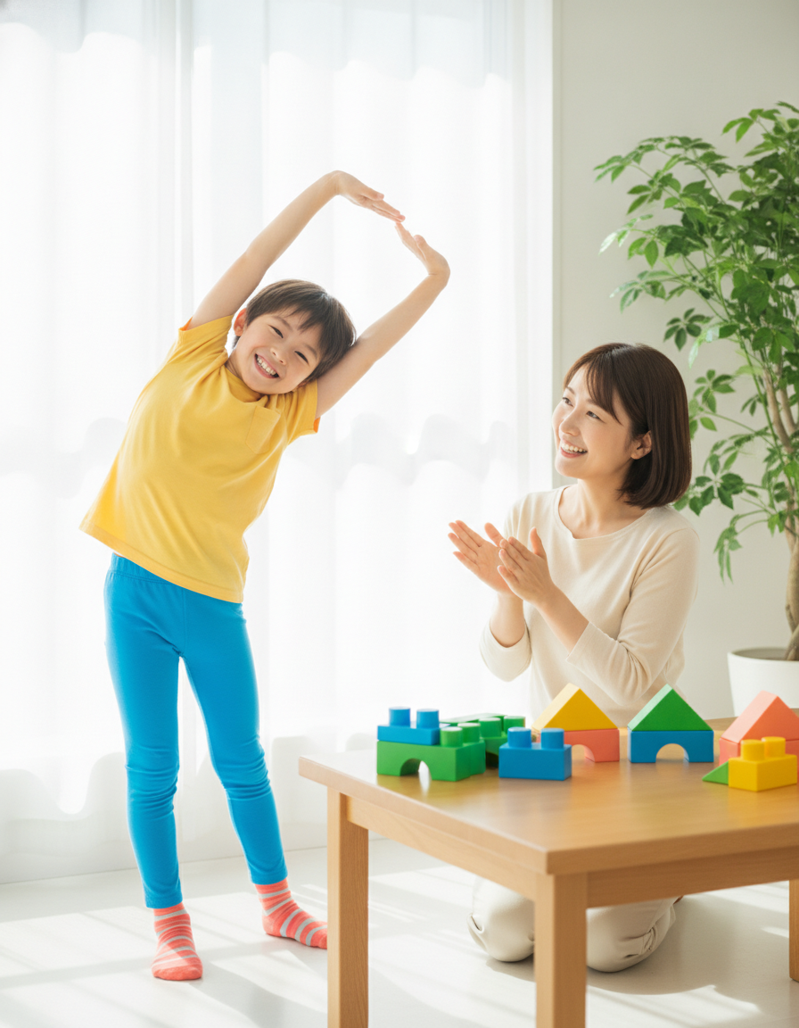 A smiling child taking a short movement break by a bright window while a parent cheers them on