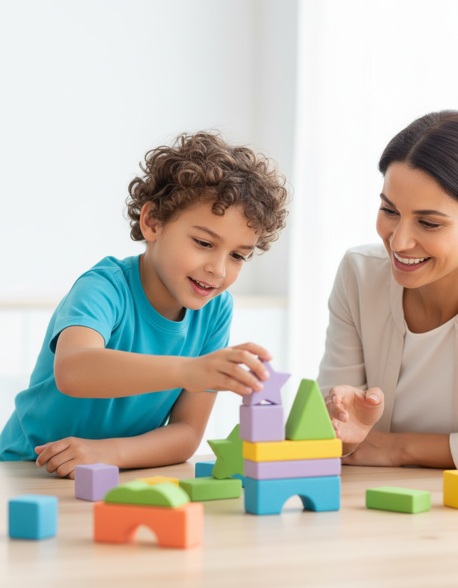 A parent and their 12-year-old child doing a hands-on learning activity together with colorful blocks at a bright table