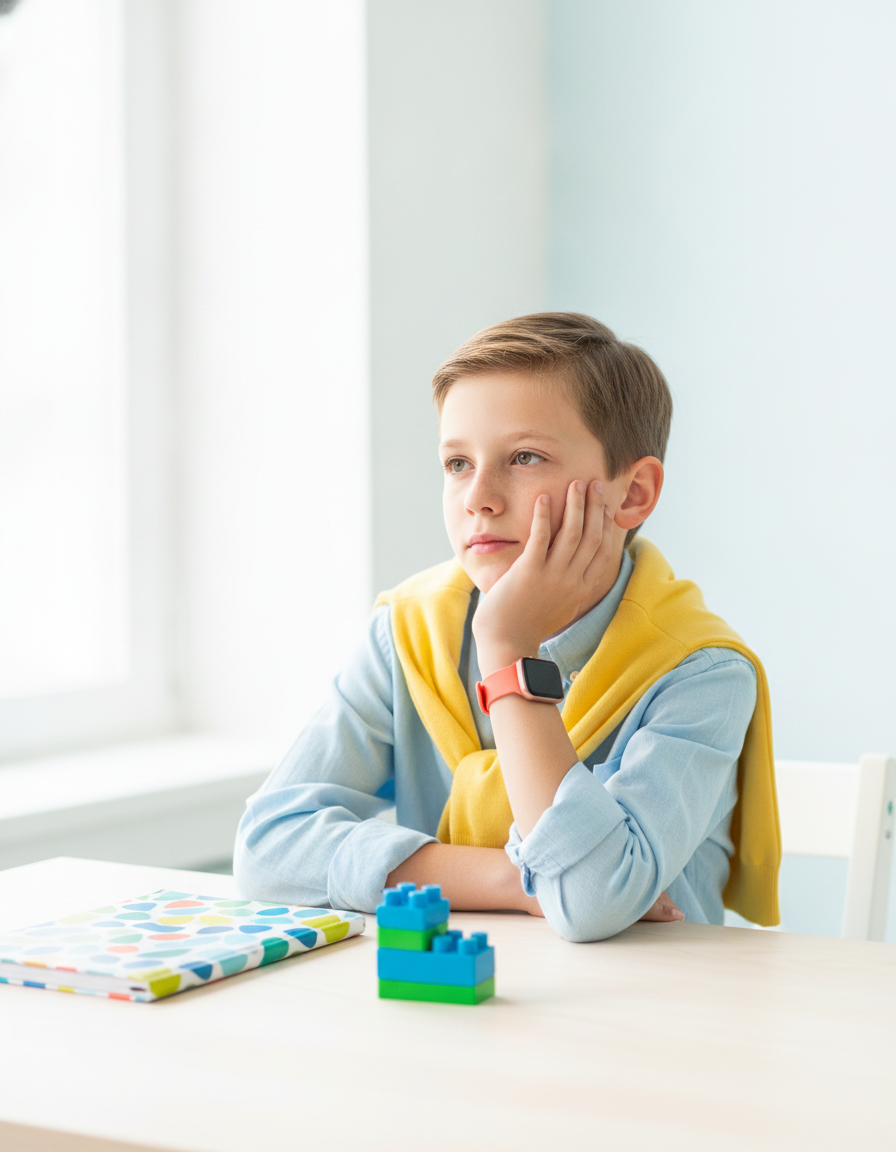 A pensive twelve-year-old resting their chin on one hand at a bright desk, gazing off with an unsure expression