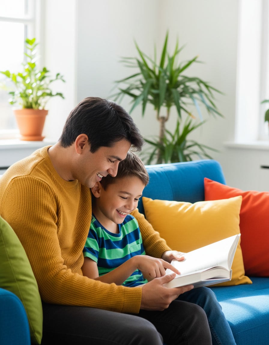 Parent and a 12-year-old reading a chapter book together on a bright couch, the child pointing and smiling