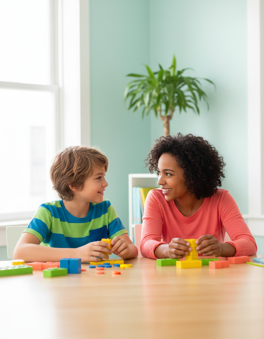 A parent and a twelve-year-old working together at a bright table with colorful learning blocks, smiling and connected.