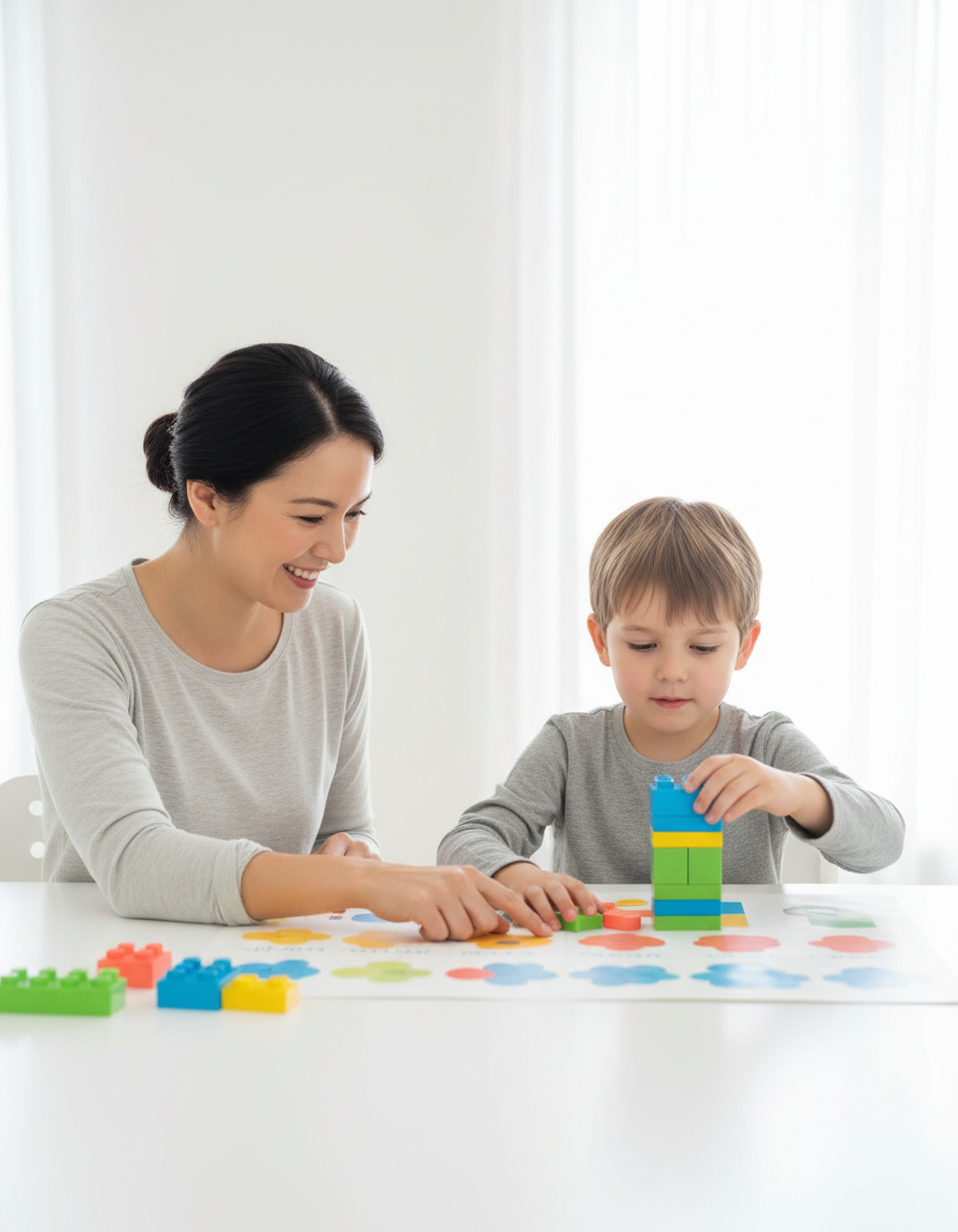 A smiling parent and a calm, confident 12-year-old child working together on a colorful learning activity
