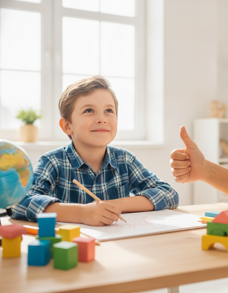 A smiling boy at a desk looking up proudly while a parent gives an encouraging thumbs up.