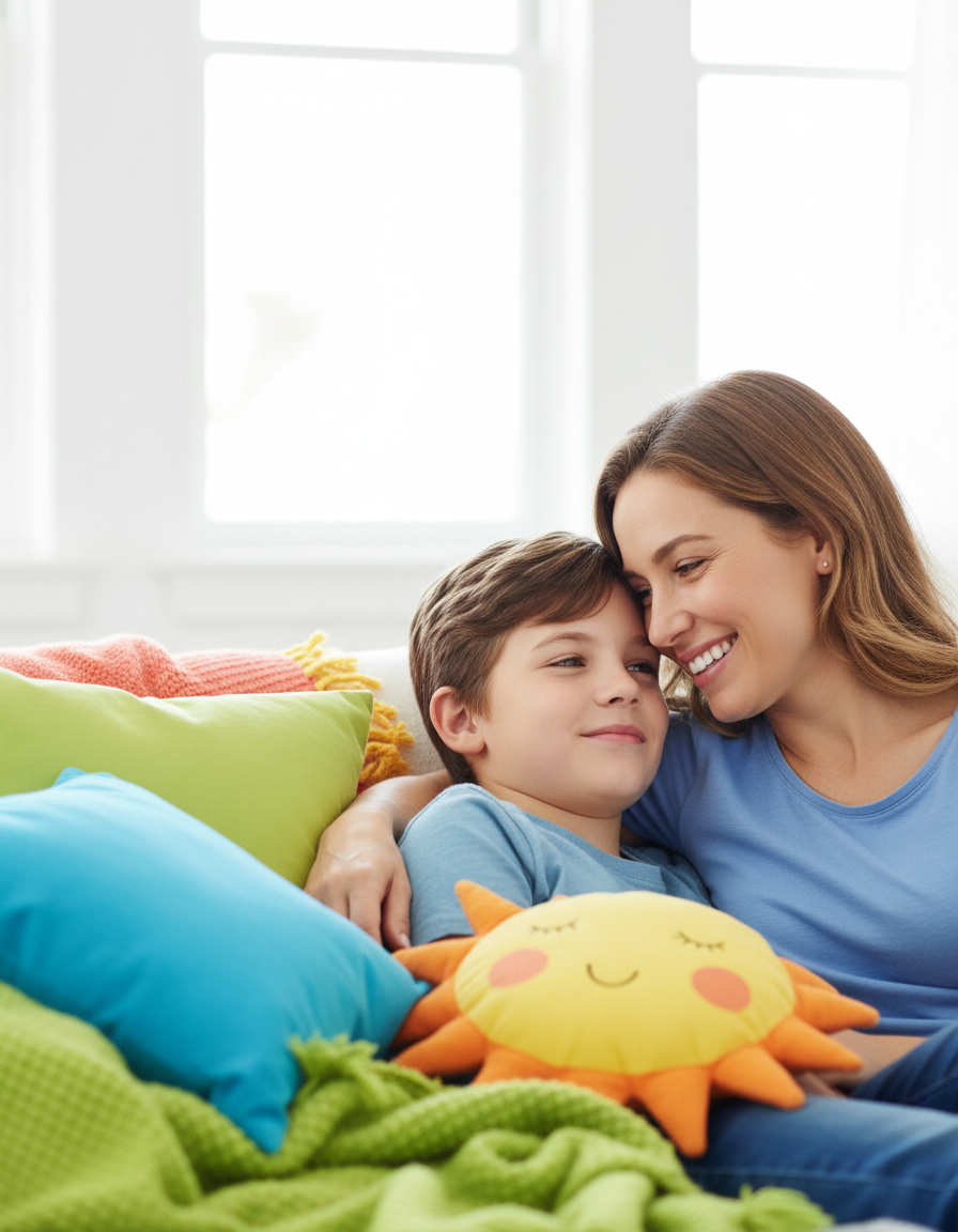 A mother and her 12-year-old child sharing a calm, warm moment at a bright kitchen table as the child begins to relax.