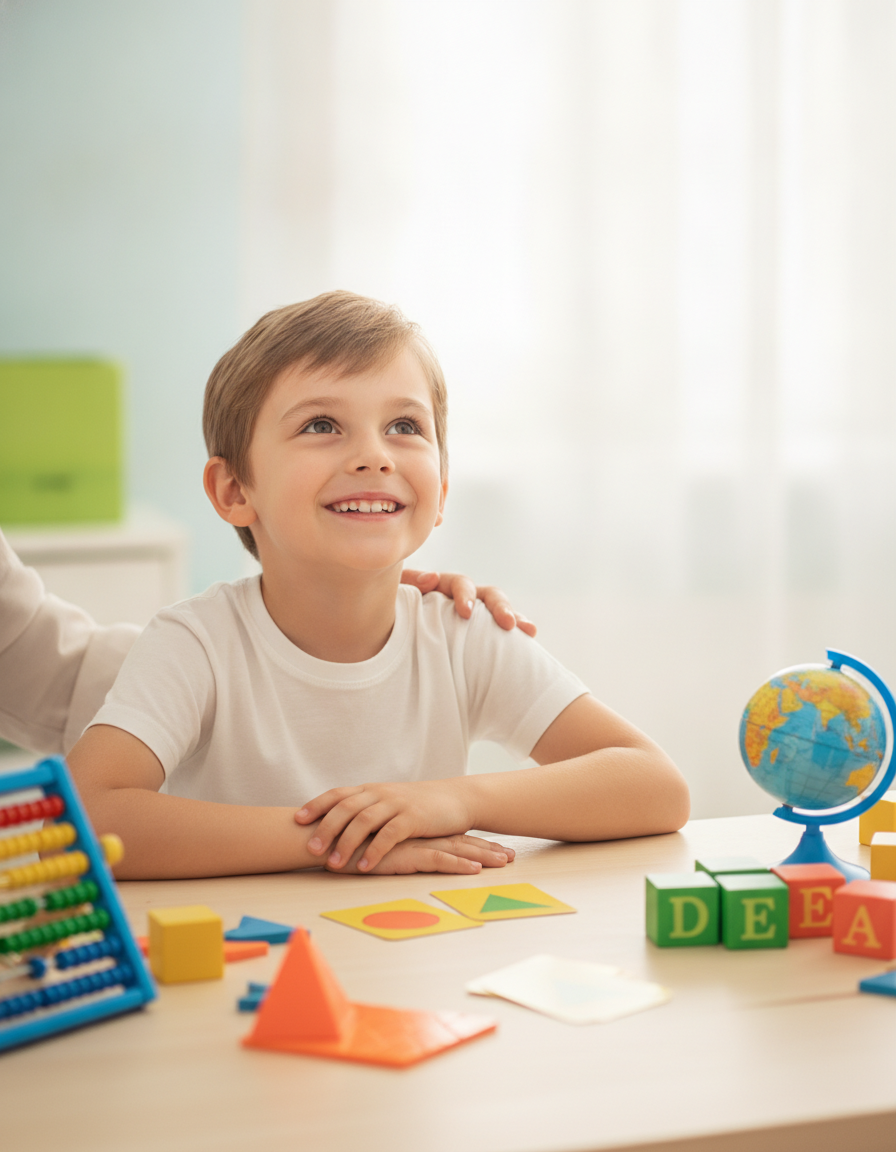 A 12-year-old having a breakthrough moment at a desk with an encouraging parent hand on their shoulder