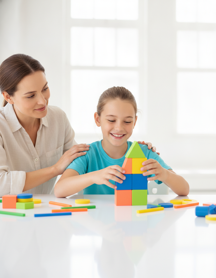 A smiling twelve-year-old builds a tower from colorful counting cubes while a parent leans in to encourage her