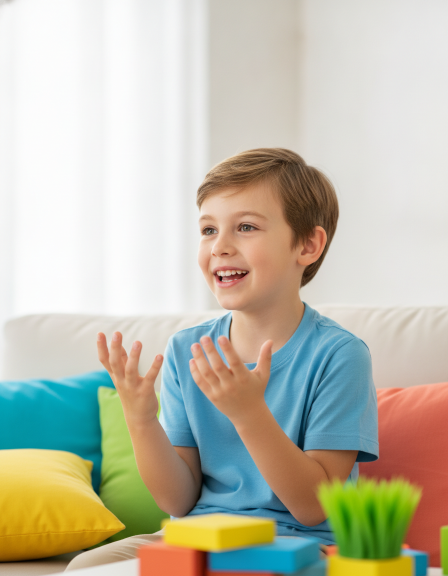 A bright, animated 12-year-old telling a story with their hands, ideas coming easily out loud.