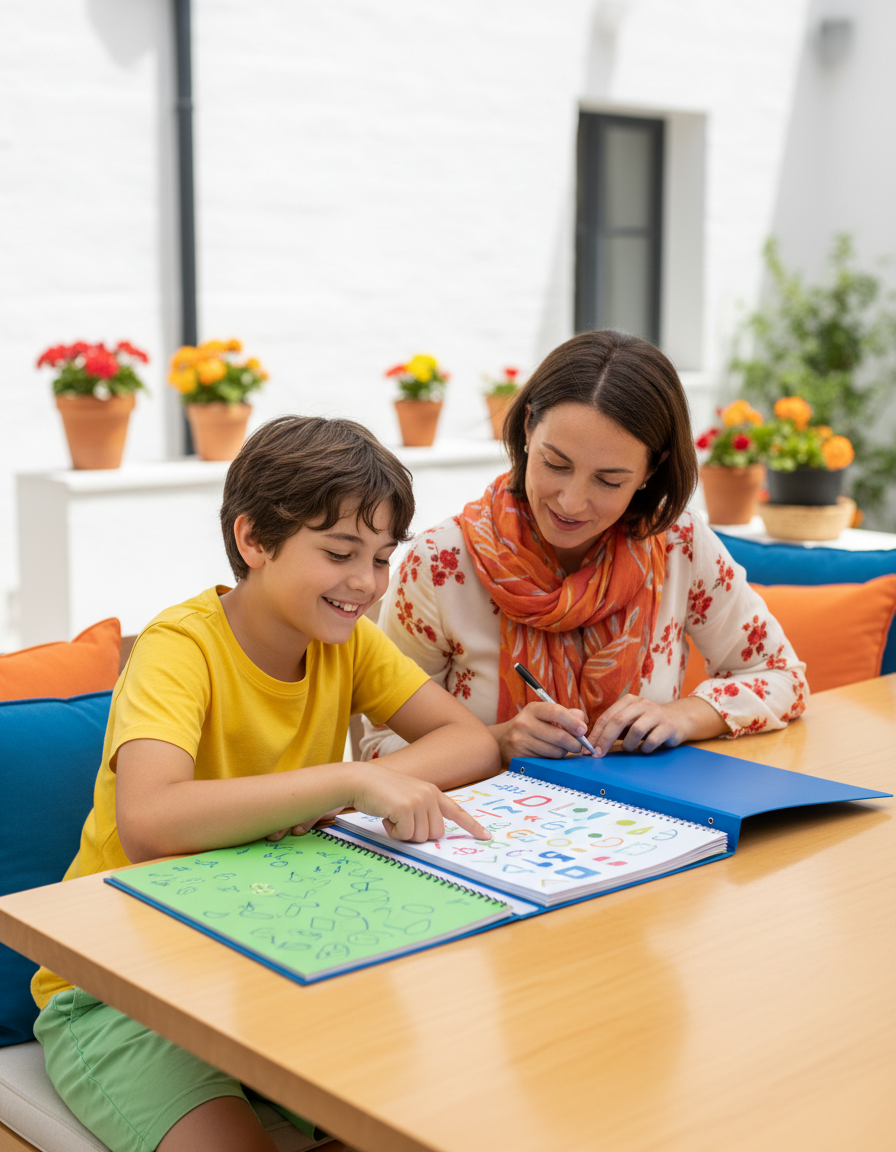 Child pointing to a page in a school folder while a parent listens and takes notes at a bright table