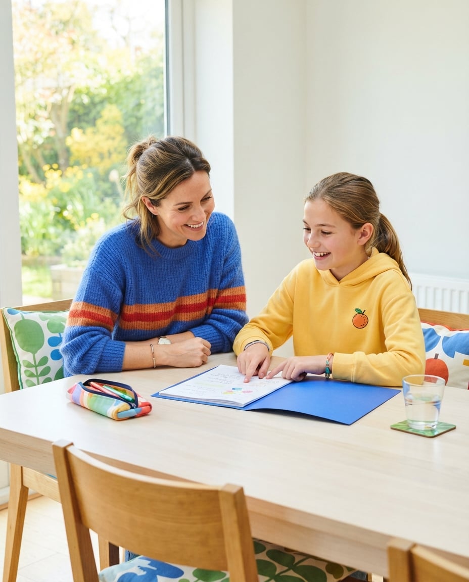 Parent listening with a smile as a child points to a school folder at a bright table