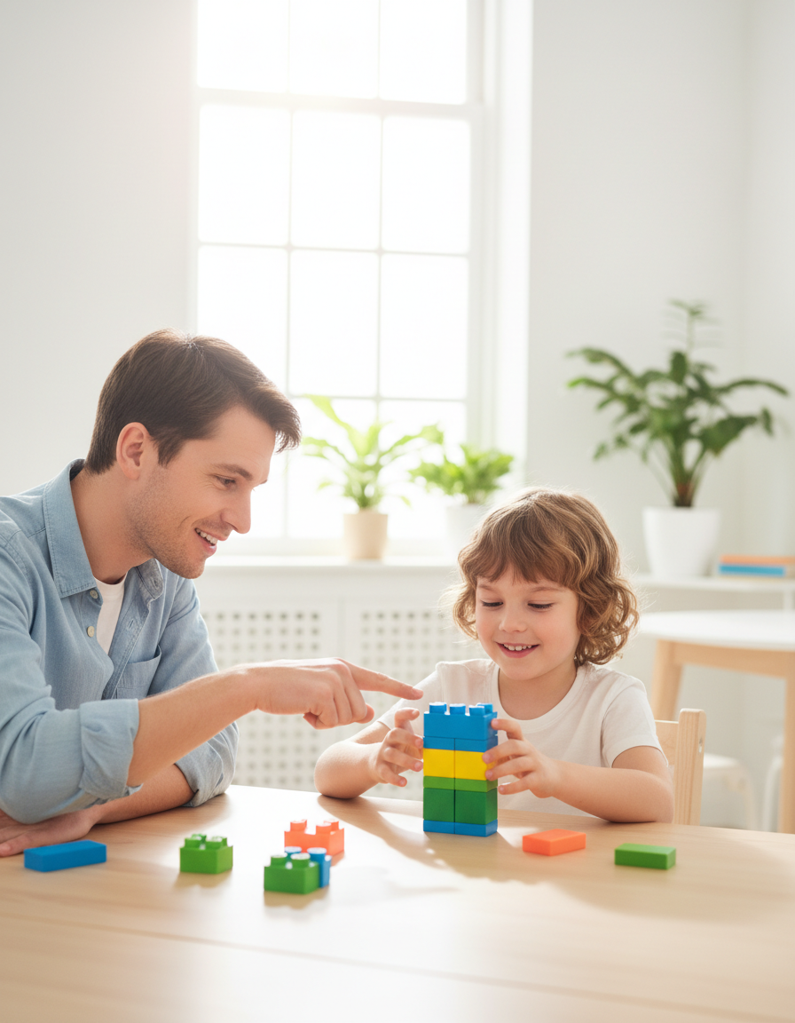 A parent and a child working together at a bright table with colorful learning blocks, smiling and connected.