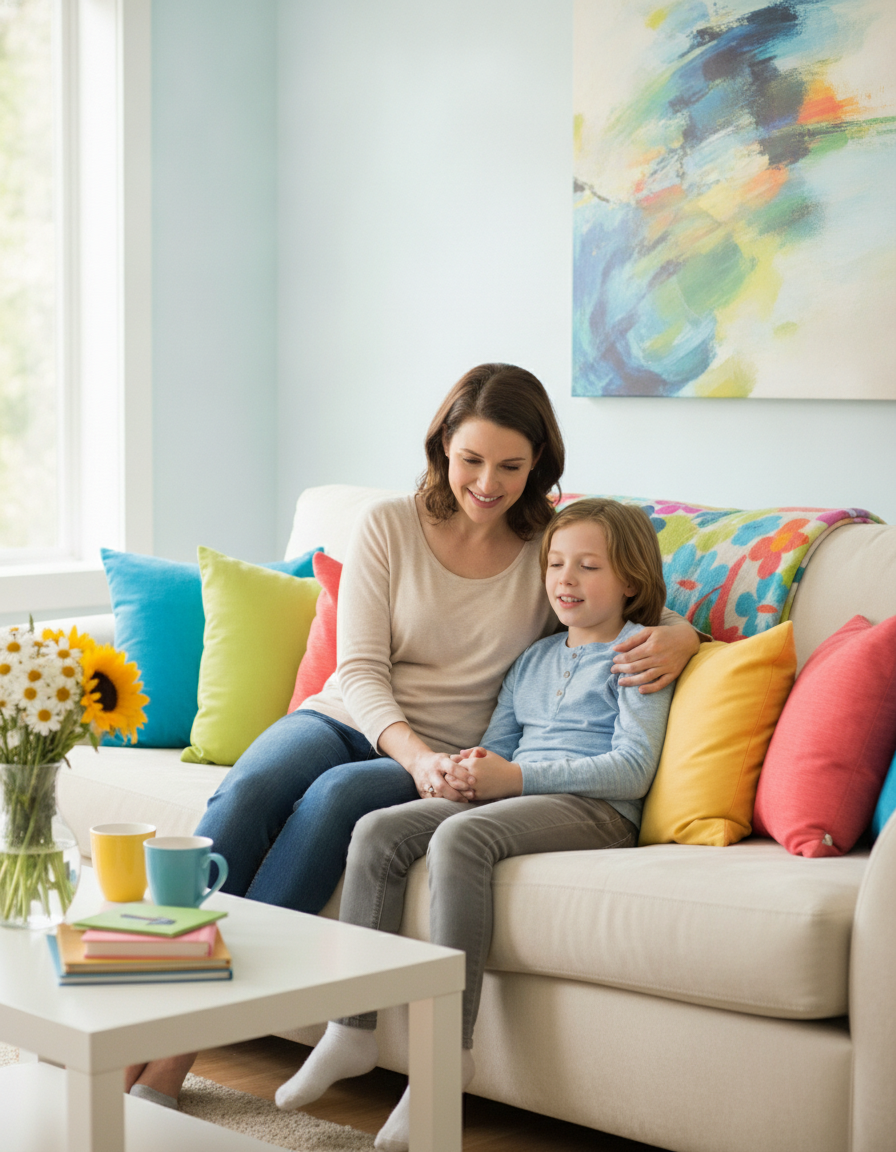 A mother and her 12-year-old child talking warmly together on a couch at home, the child beginning to relax and open up.