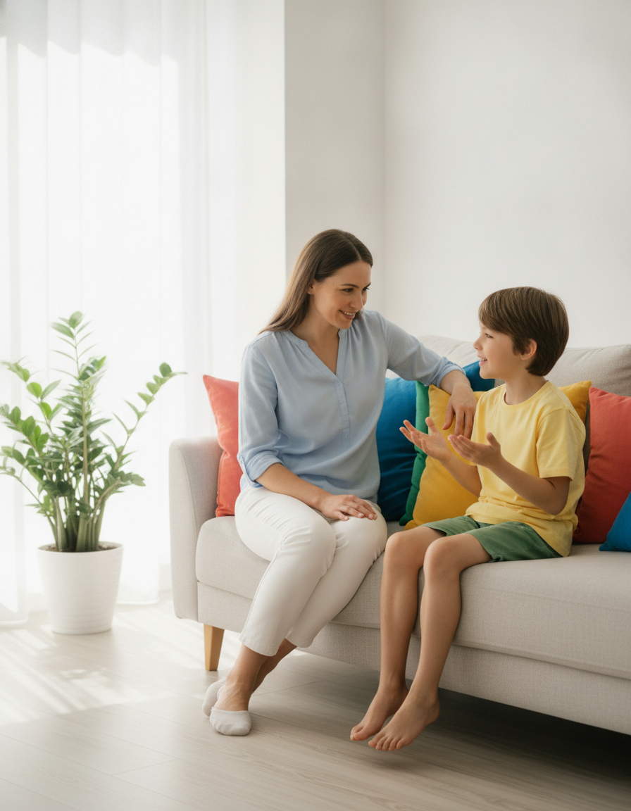 A mother and her 12-year-old child sitting together and talking on a bright sofa