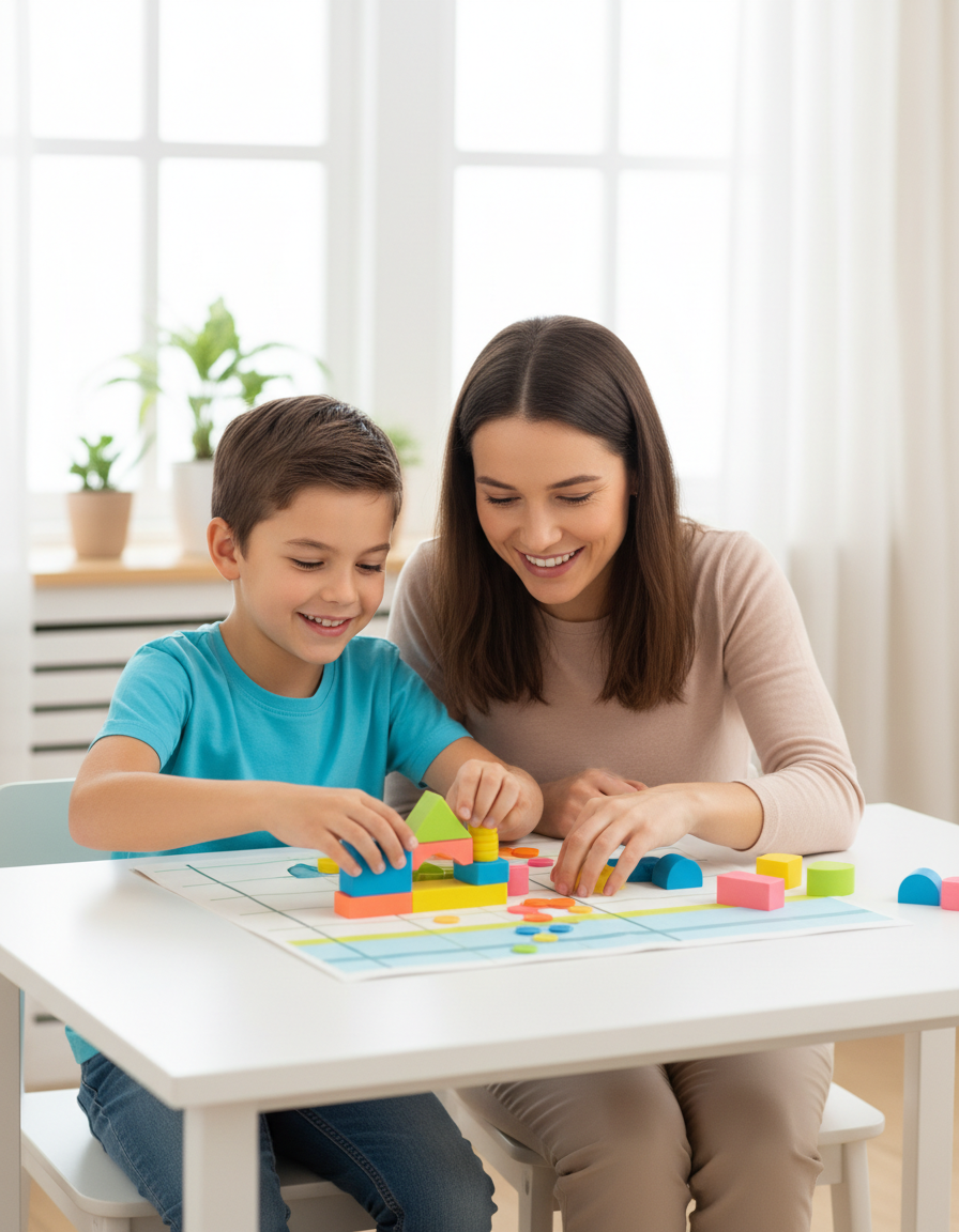 A parent and their 12-year-old smiling and working together with colorful blocks at a bright table