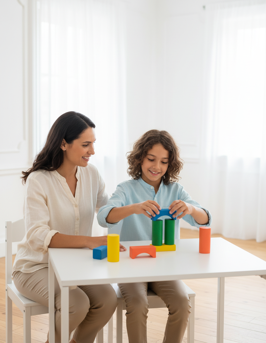A parent and child work side by side on a hands-on activity with colorful blocks, the child starting to smile.
