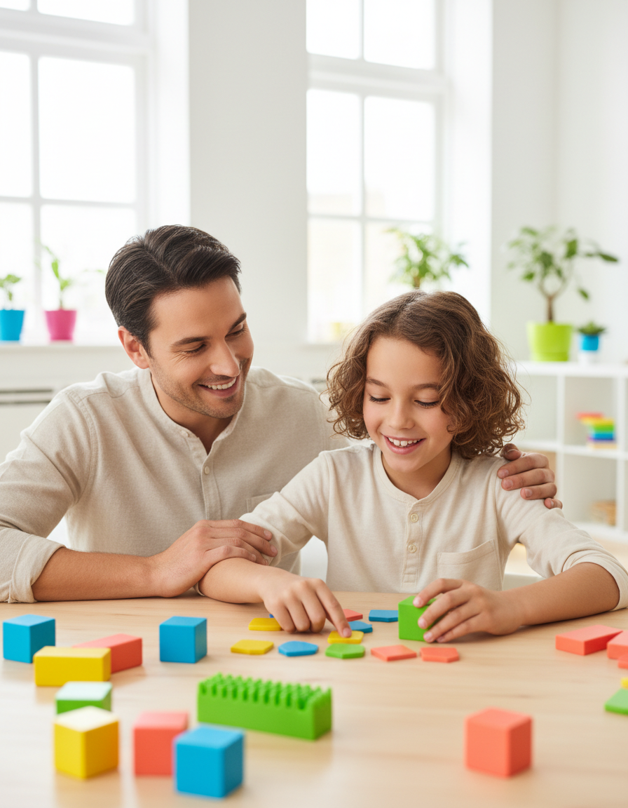 A father and child doing a calm learning activity together at home