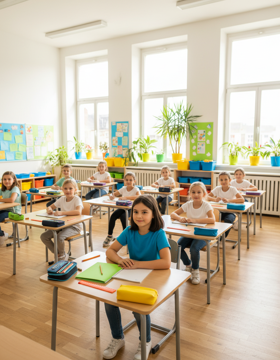 A composed 12-year-old sitting engaged at a school desk among classmates during the day.