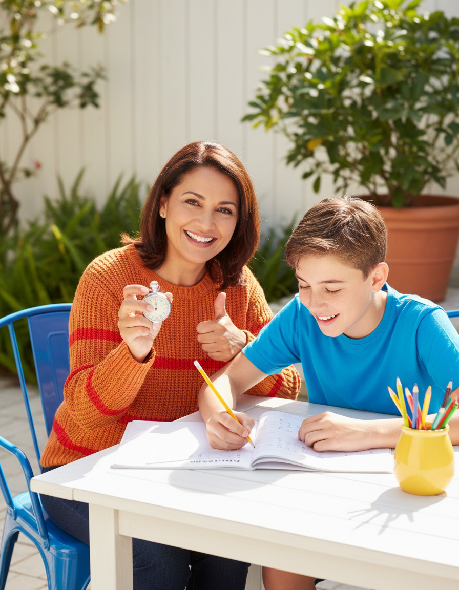 Parent timing a teen's practice test at a bright table and giving a thumbs up