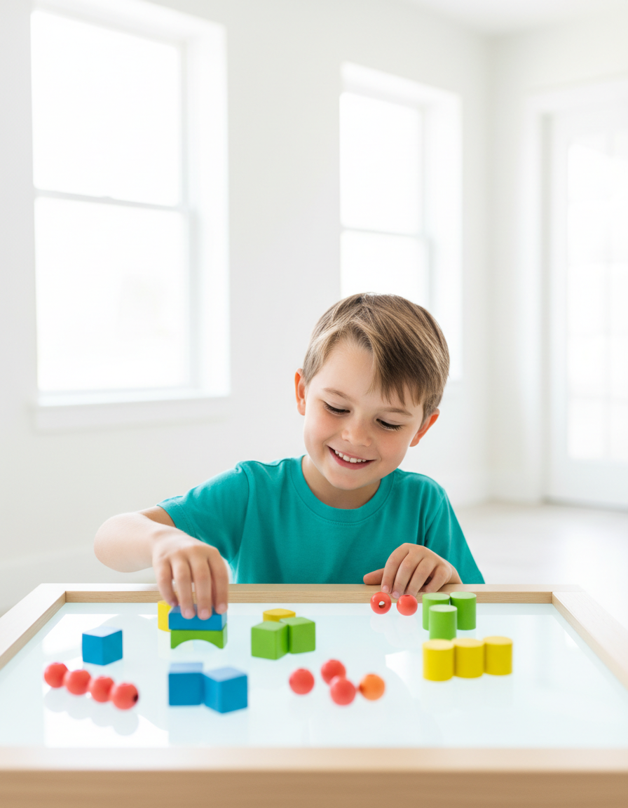 A focused child sorting colorful counting blocks into small groups on a bright table.