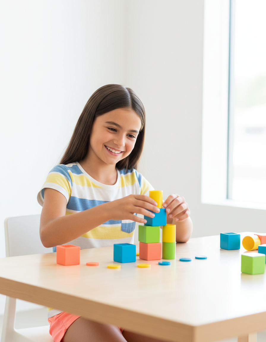 A smiling girl building with bright colored math blocks, engaged and confident