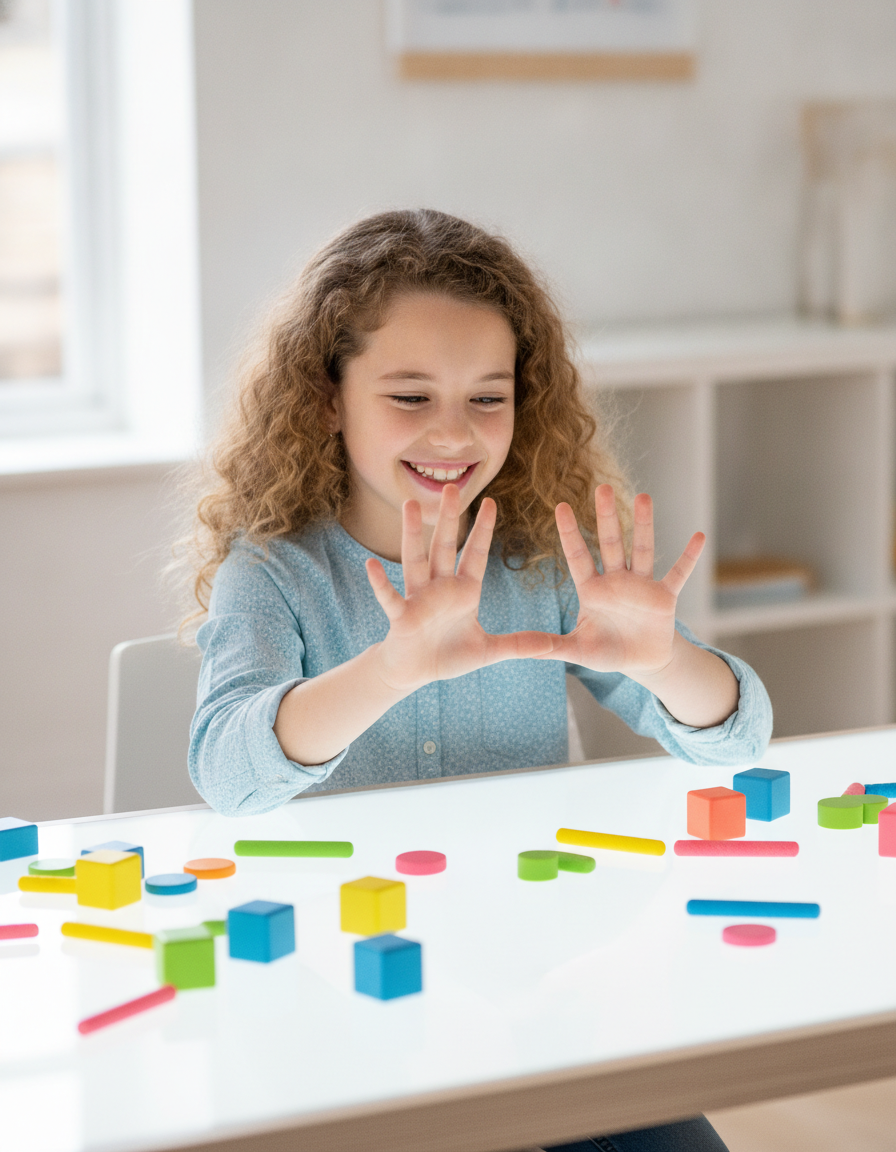 A smiling girl at a light desk counting on her fingers, colorful math counting blocks spread across the table