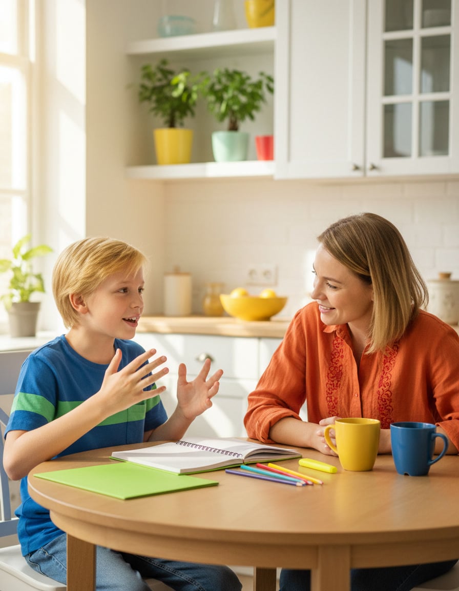 Parent listening closely as a child talks at a sunny kitchen table before a school meeting