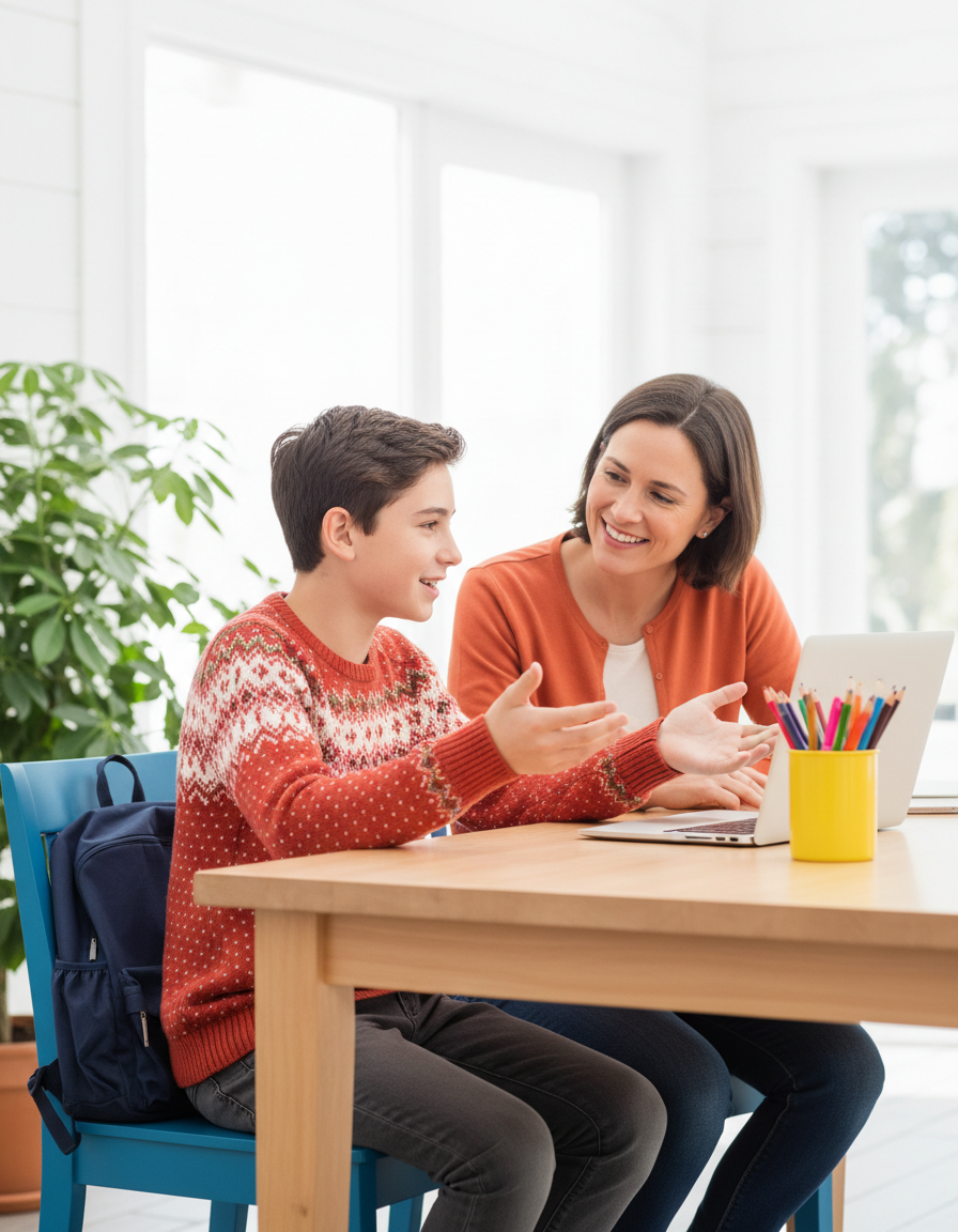 Parent listening as a high school teen explains something at a bright table