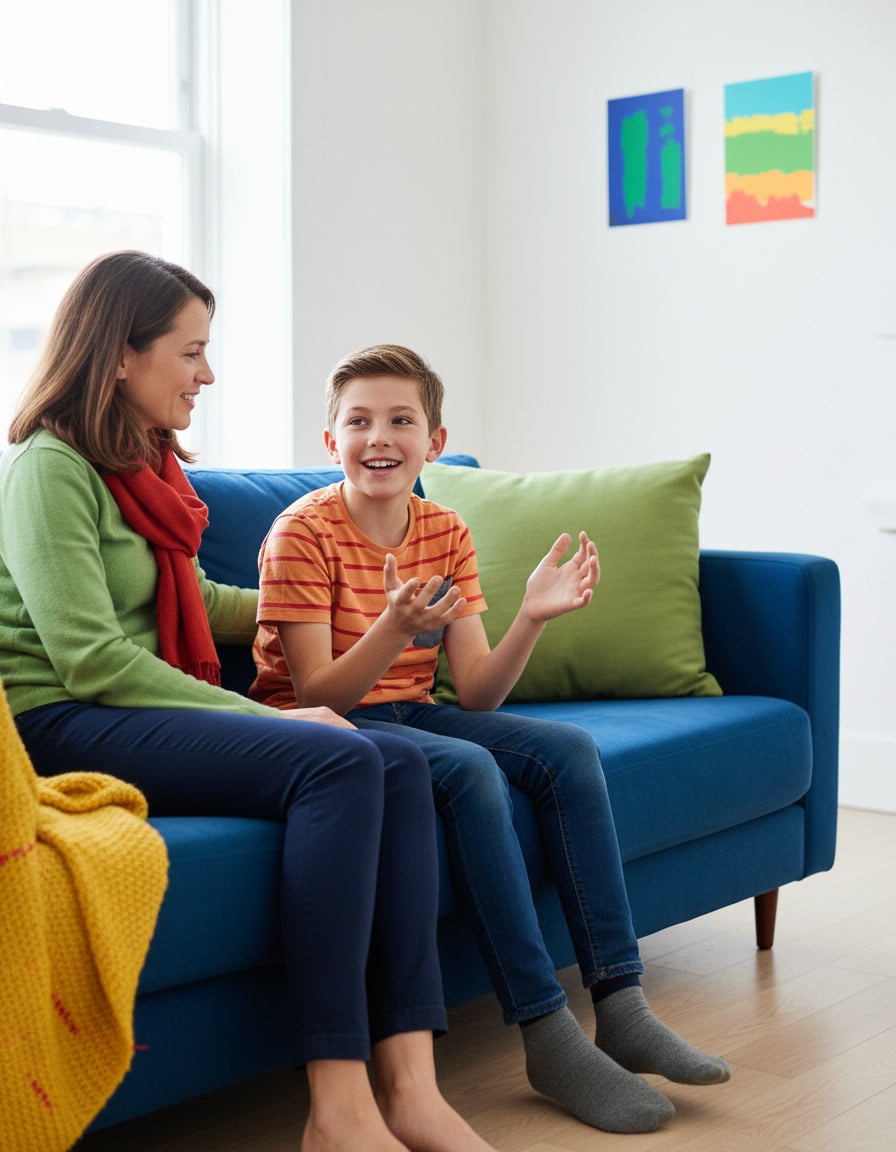 Child explaining something with animated hands as a parent listens closely on a bright sofa