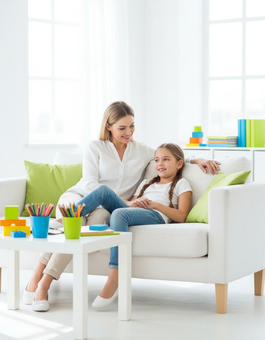 A mother and her 12-year-old daughter sitting close together on a sofa in a bright, airy room, the mother smiling encouragingly as the girl relaxes.