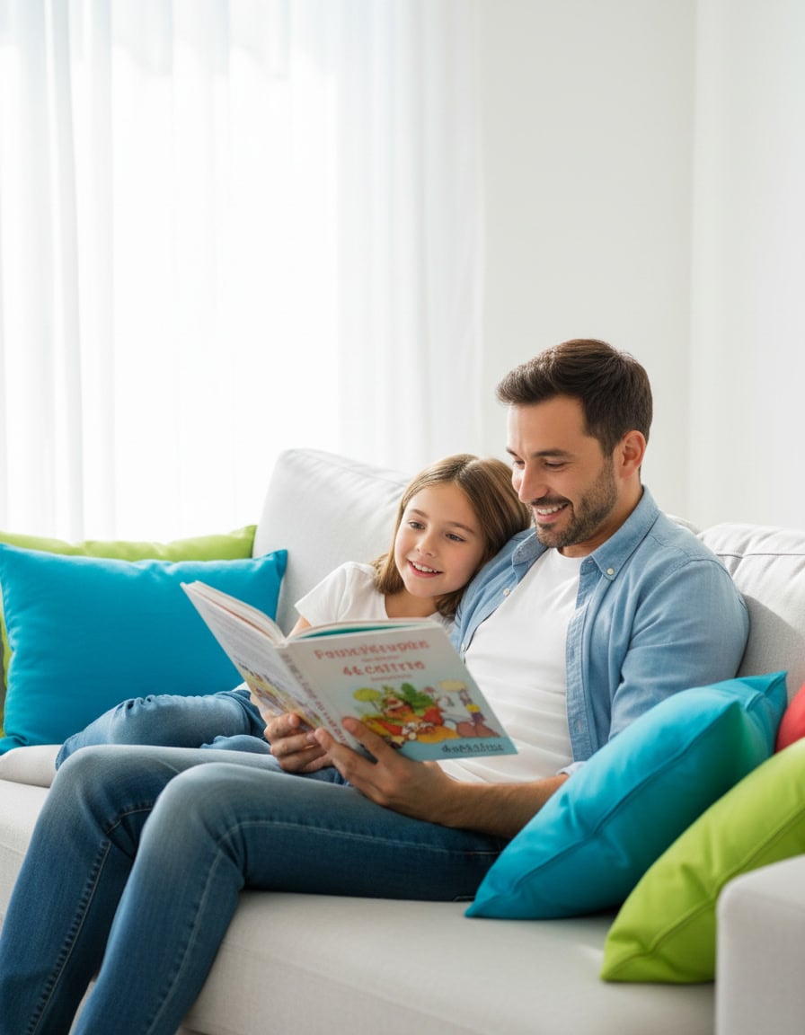 A parent reads aloud to an attentive twelve-year-old sitting together on a couch