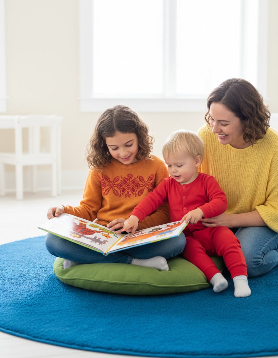 Older sister sharing a picture book with her toddler brother as a parent smiles beside them