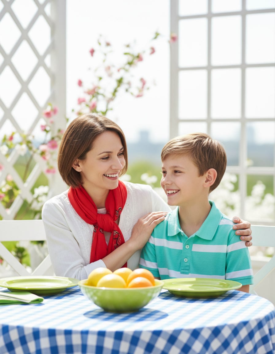 A smiling twelve-year-old boy and his encouraging mother sitting close together at a sunny table, calm and connected